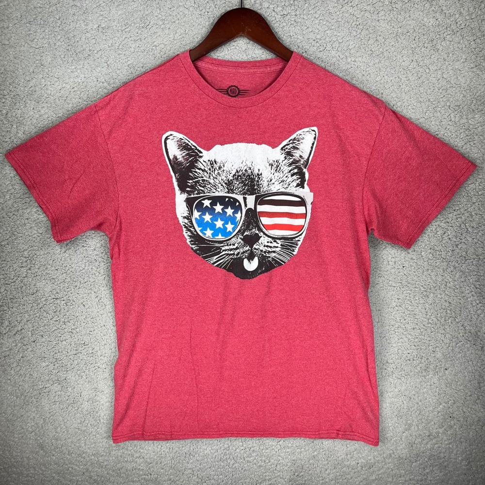 Mad Engine Mens Red Heather Cat American Flag Sunglasses Graphic T-Shirt Large